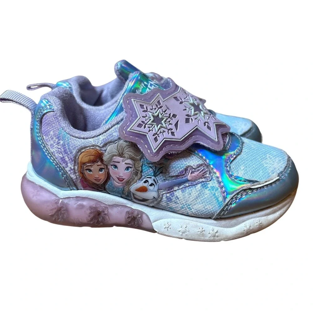 Disney Frozen Light Up Sneakers Kids Blue Iridescent Elsa Anna Olaf SIZE 7